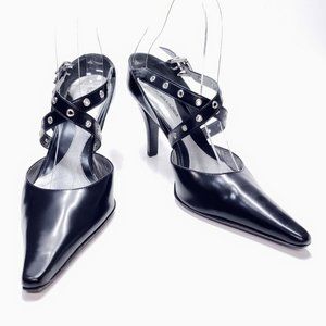 BCBG MAXAZRIA Women's Black Leather Pointed Toe Strappy High Heel Pumps Size 6 B